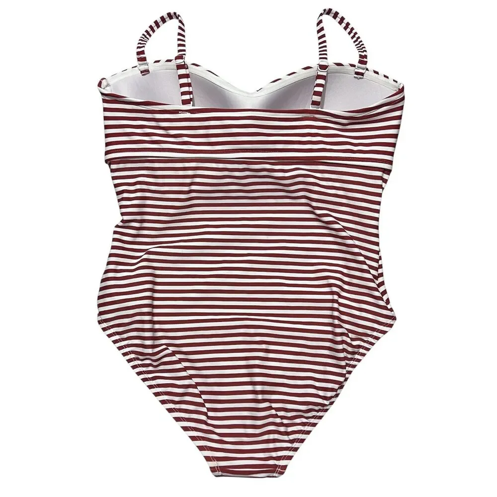 Kona Sol One Piece Swimsuit Large Red White Stripe Built in Bra Twist Front